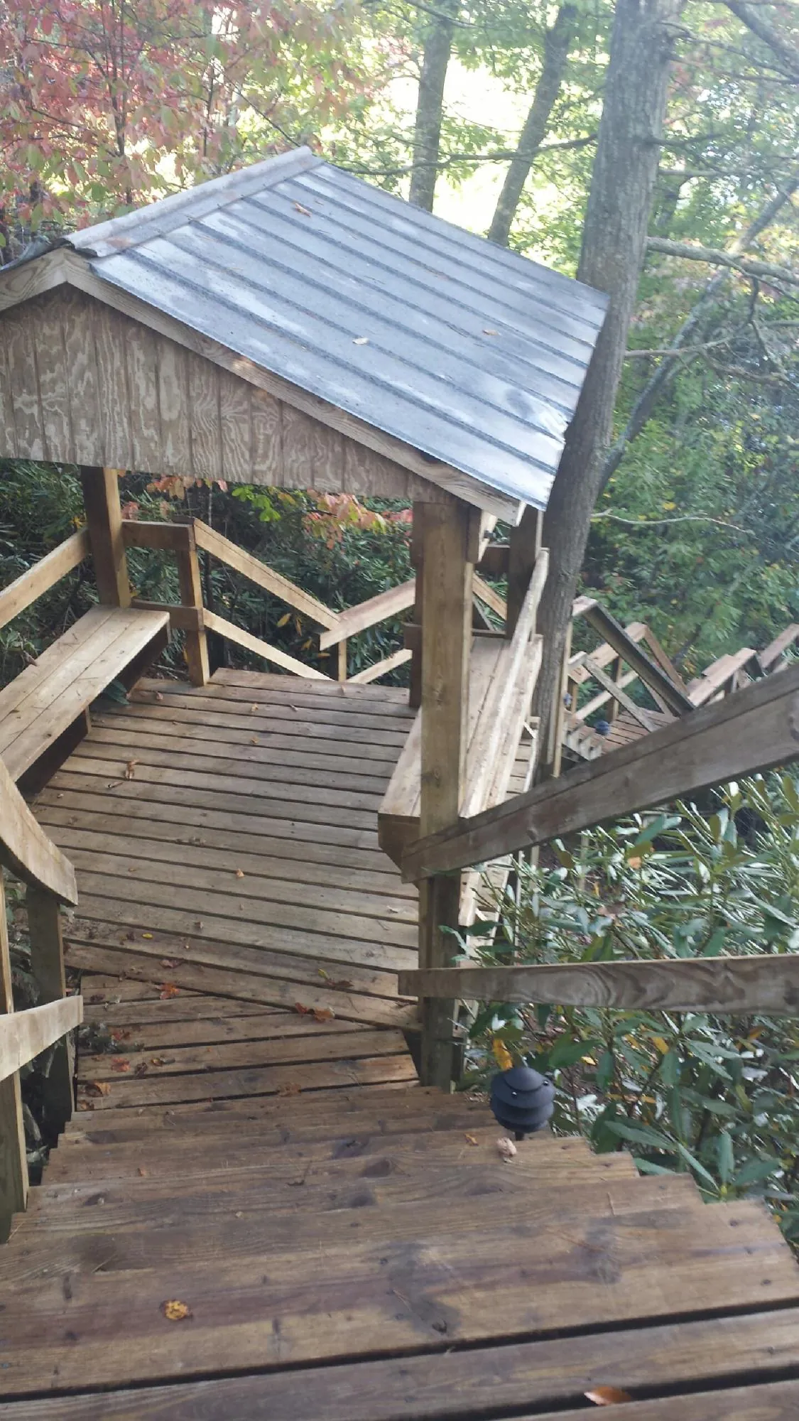 Metal roofed shelter over wooden steps on a wooded walkway — Skylight Repair & Installation work by our crew in Otsego